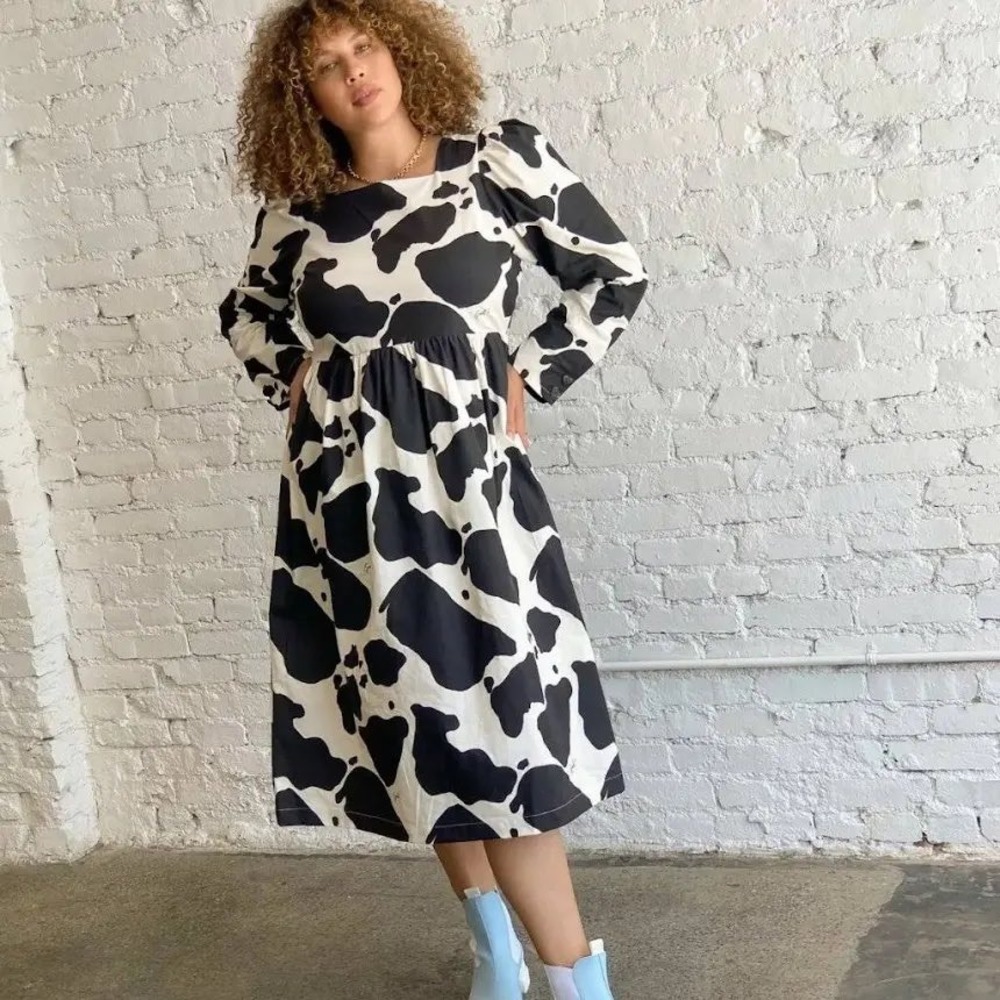 NWT Lisa Says Gah Maddie Moo Cow Print Prairie Midi Dress XS Black White Cotton